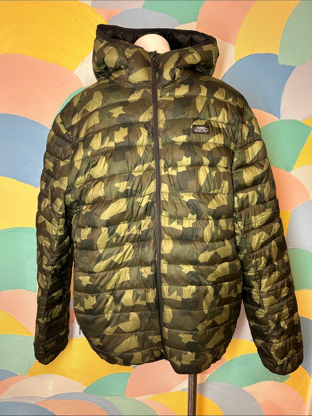 Pull&Bear Men's Camouflage Puffer Jacket with Hood - Olive Green sz XL